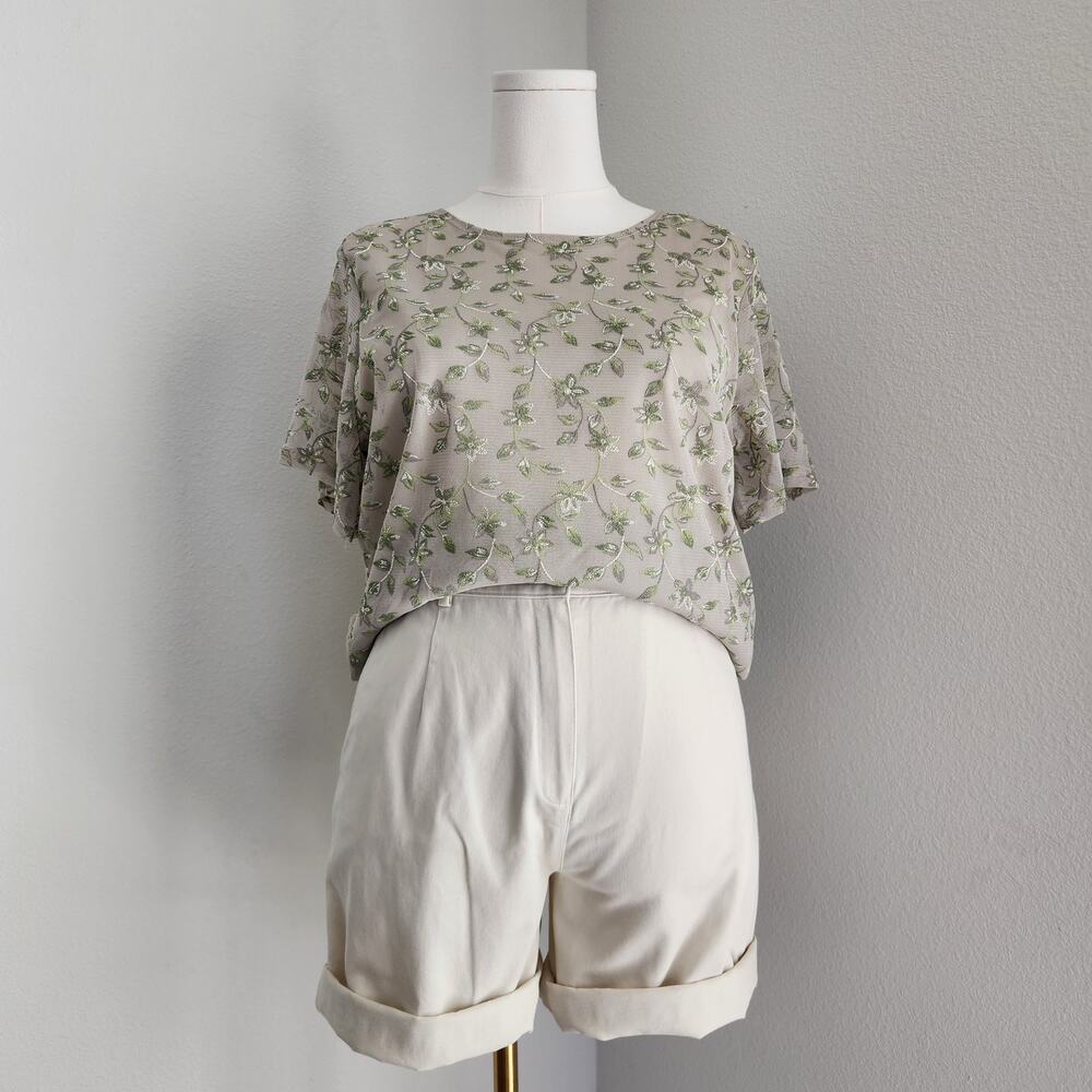 Vintage 90s Sage Green Floral Short Sleeve Top Kathie Lee L Mesh Layer Cottage